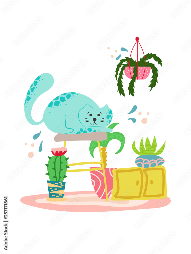 Fototapeta premium Cute playful cat with house plants in cartoon flat style. Hand drawn illustration