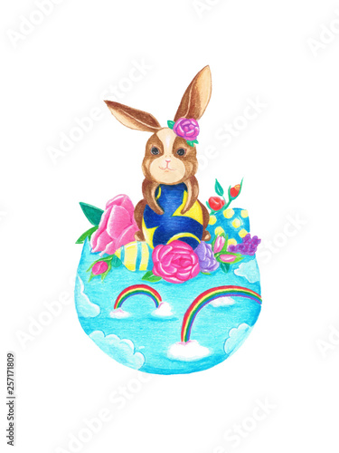 Easter bunny and colourful paint eggs with flower on blur sky of egg shell.