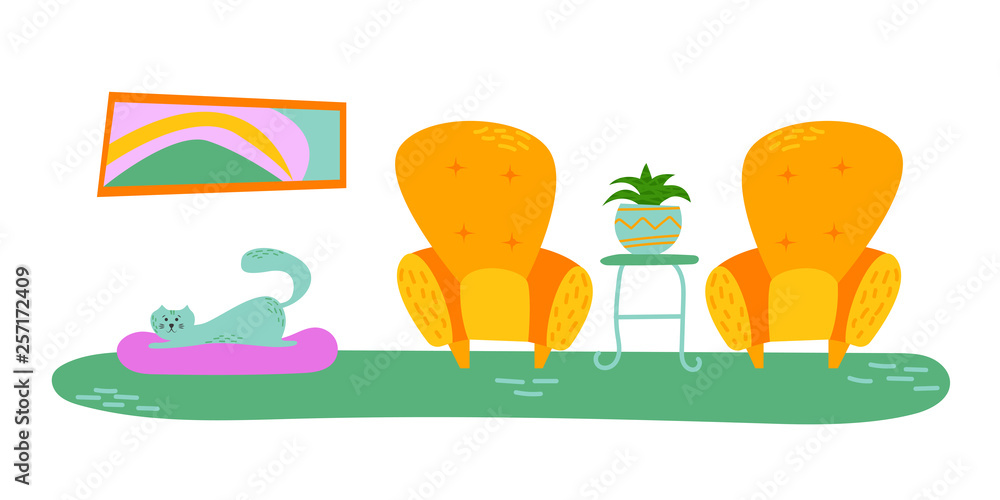 Fancy interior with home plants in pots. Lounge. Isolated vector image. Pet. Fancy interior with home plants in pots. Lounge. Isolated vector image. Pet.