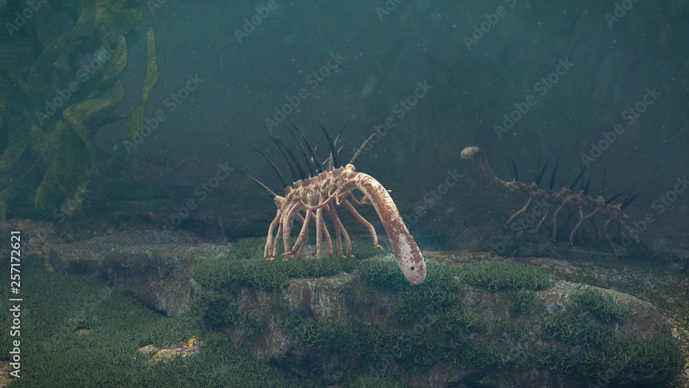 Naklejka premium Hallucigenia, group of prehistoric aquatic animals from the Cambrian Period (3d paleoart illustration)