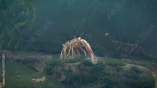 Hallucigenia, group of prehistoric aquatic animals from the Cambrian Period (3d paleoart illustration) © dottedyeti