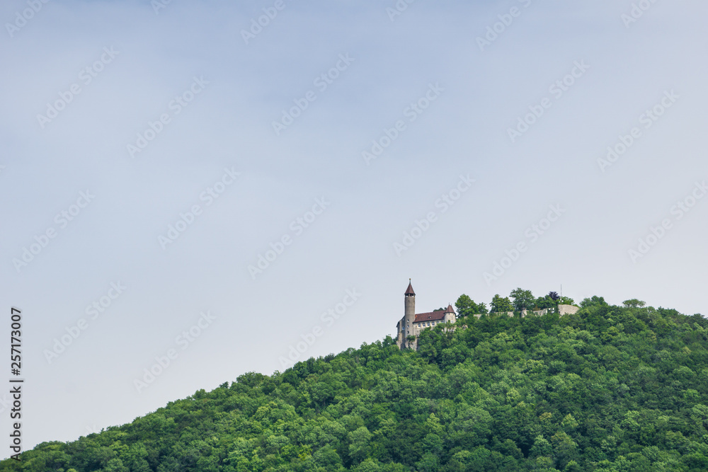 Germany, Swabian Alb mountain with ancient castle Teck on summit