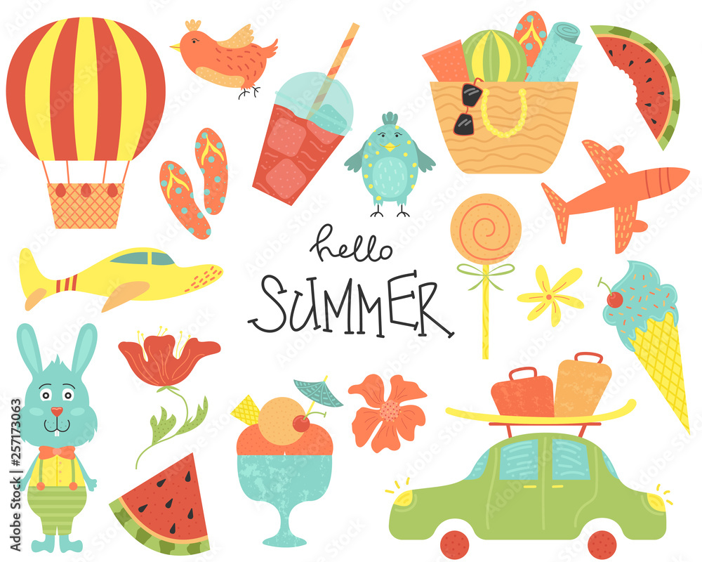 Set of vector cartoon illustrations. Summer party, journey, watermelons. Set of vector cartoon illustrations. Summer party, journey, watermelons.