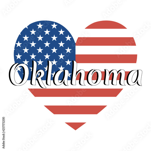 Heart shaped national flag of The United States of America with inscription of state name: Oklahoma in modern style. Vector EPS10 illustration.