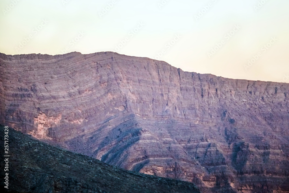 Geological landscape of Jabal Jais characterised by dry and rocky mountains, Mud Mountains in Ras Al Khaimah, United Arab Emirates