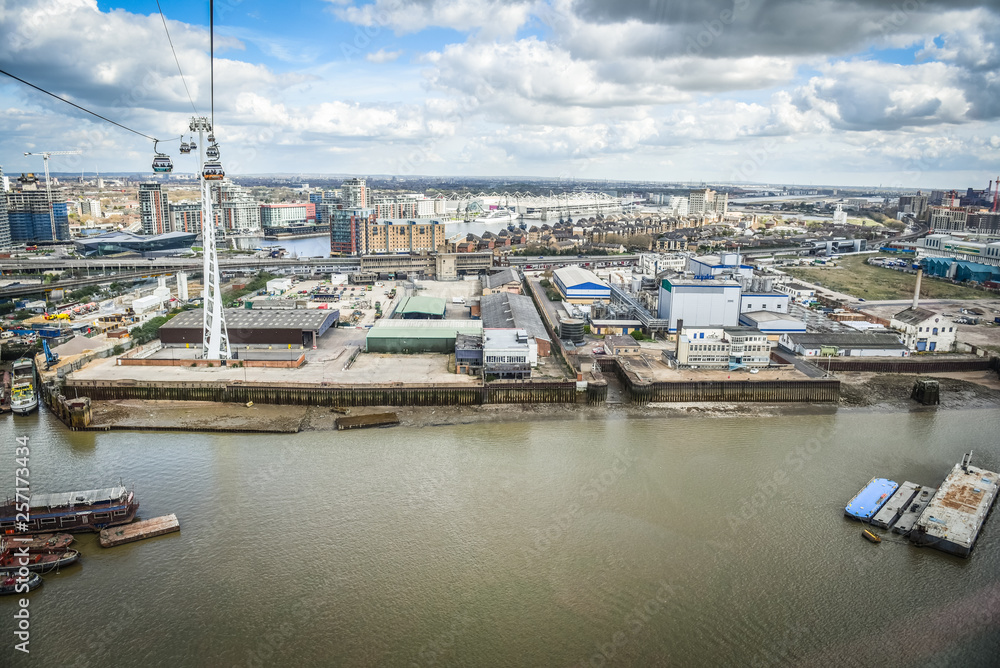 Aerial view of East London and Excel redevelopment from Emirates cable car.