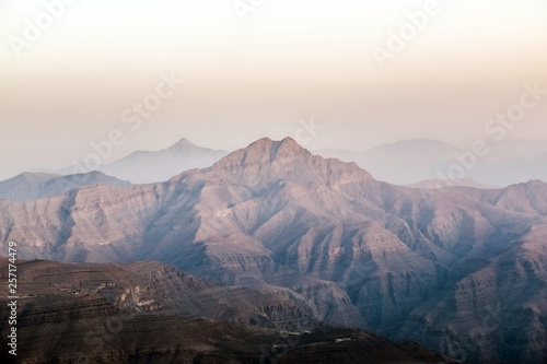 Geological landscape of Jabal Jais characterised by dry and rocky mountains, Mud Mountains in Ras Al Khaimah, United Arab Emirates