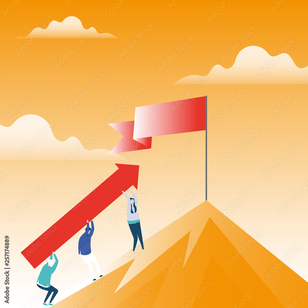 People Holding Arrow Going Up the Mountain. Blank Banner on Pole at the Peak Business concept Empty template copy space isolated Posters coupons promotional material