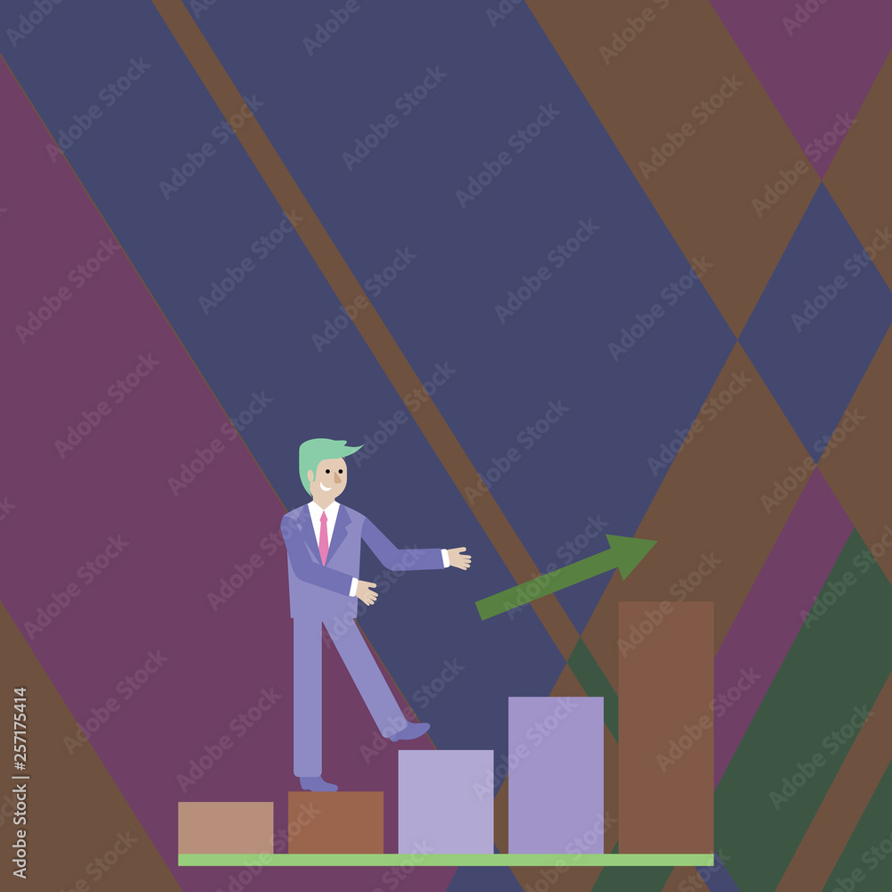 Fototapeta premium Smiling Businessman Climbing Colorful Bar Chart Following an Arrow Going Up Design business concept. Business ad for website and promotion banners. empty social media ad