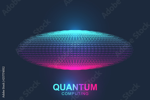 Quantum computer technology concept. Sphere explosion background. Deep learning artificial intelligence. Big data algorithms visualization. Waves flow. Quantum explosion, vector illustration.