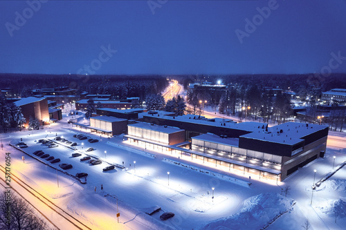 Aerial view of University of Eastern Finland, Joensuu city. Night cityscape.