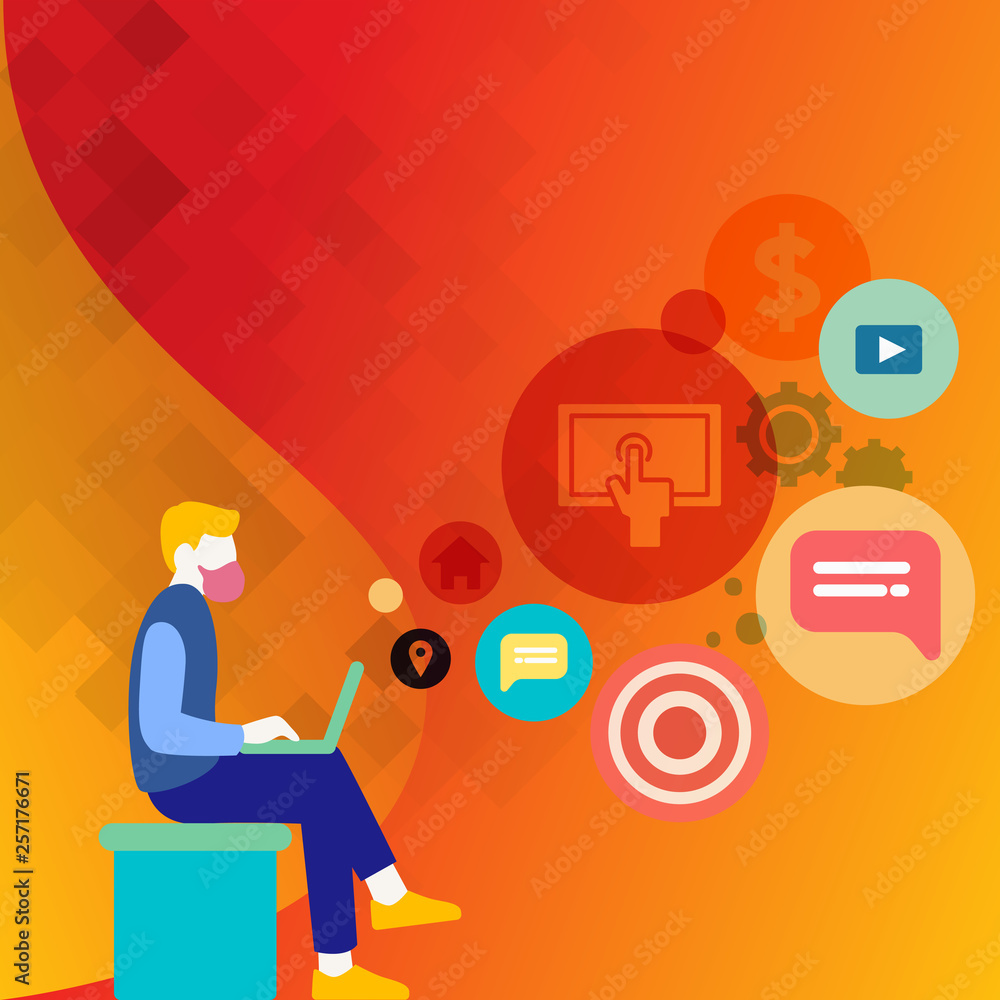 Man Sitting Down with Laptop on his Lap and SEO Driver Icons on Blank Space Design business concept Empty copy space modern abstract background Man Sitting Down with Laptop on his Lap and SEO Driver Icons on Blank Space Design business concept Empty copy space modern abstract background