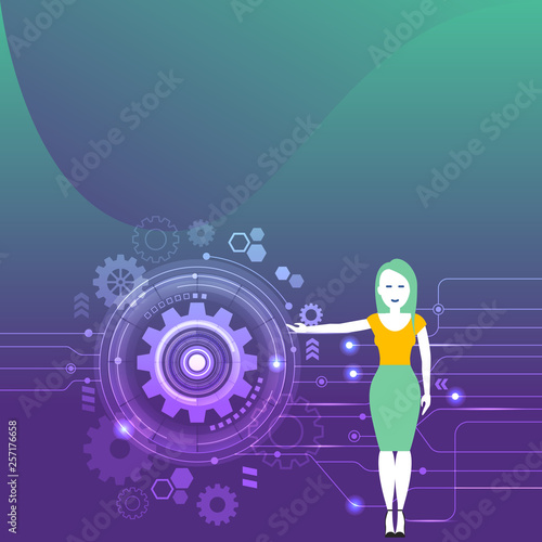 Woman Standing and Presenting the SEO Process with Cog Wheel Gear inside Design business concept Empty template copy space text for Ad website isolated