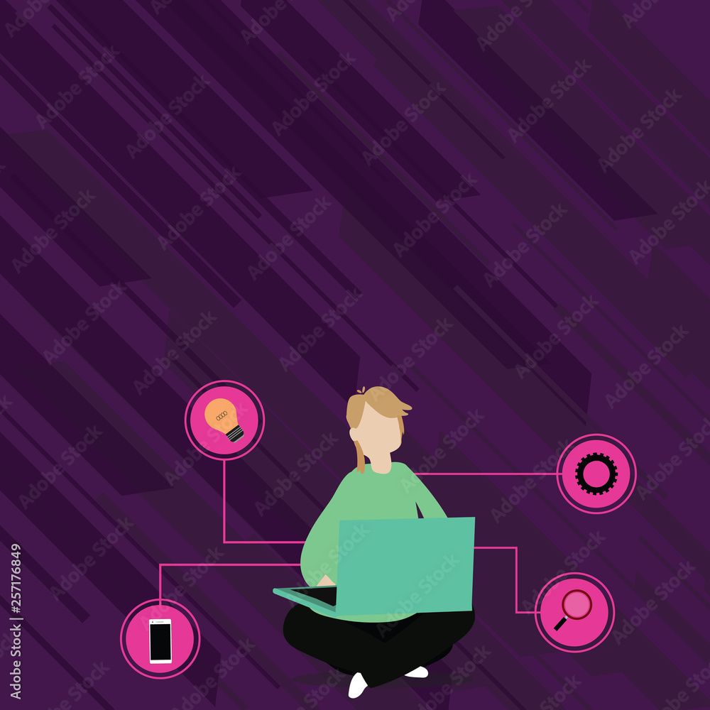 Woman Sitting Crossed Legs on Floor Browsing the Laptop with Technical Icons Design business concept Empty copy space modern abstract background Woman Sitting Crossed Legs on Floor Browsing the Laptop with Technical Icons Design business concept Empty copy space modern abstract background