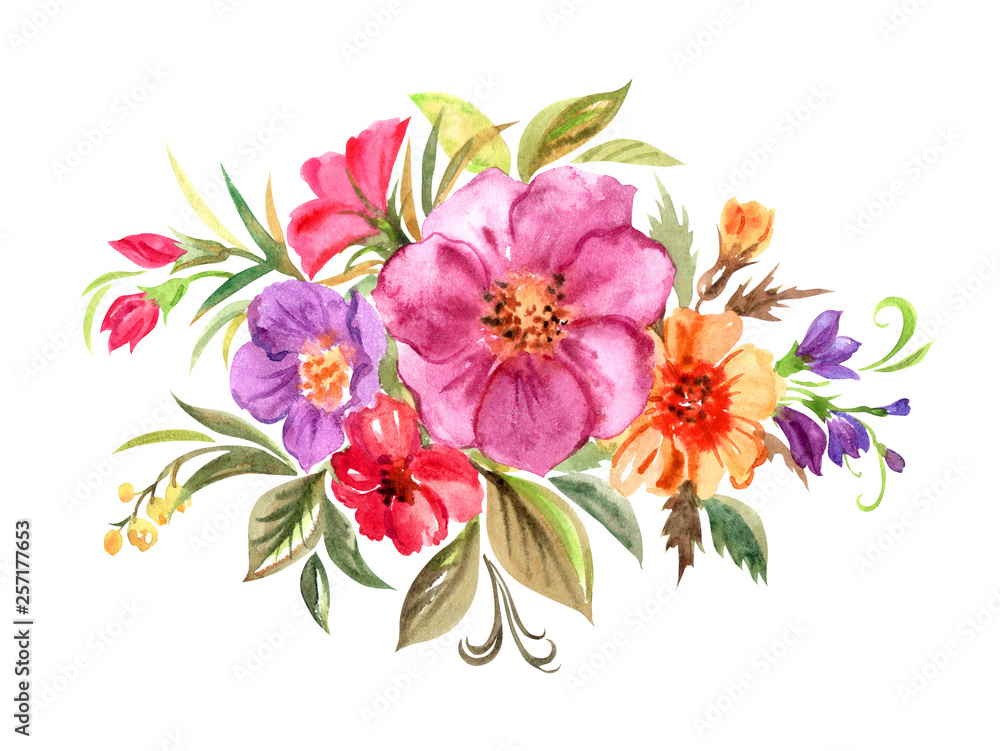Decorative flower bouquet, flower vignette, watercolor painting on white background, isolated with clipping path.