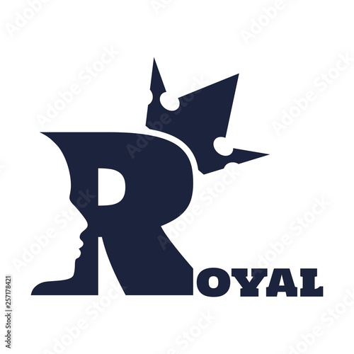 Royal luxury emblem. Royal word. Prince head silhouette with crown. Medieval king profile. Business fantasy badge
