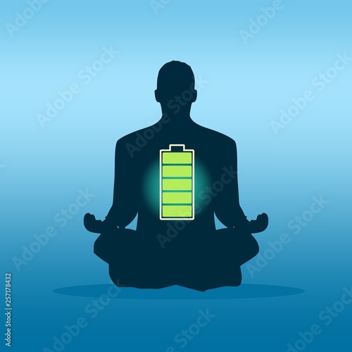 Businessman in with battery icon. Full battery concept. Business and life energy. High full level energy battery. Man sit in meditation pose.