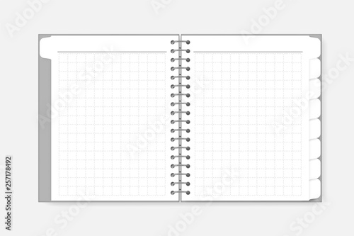 Open spiral grid lined notebook with divider tabs, vector mockup. Wire bound white squared paper diary with bookmark pages, template
