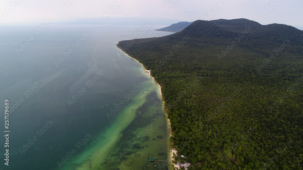 Beautiful aerial view beach starfish in Phu Quoc island with sea,white sand beach and palms, touristic concept Beautiful aerial view beach starfish in Phu Quoc island with sea,white sand beach and palms, touristic concept