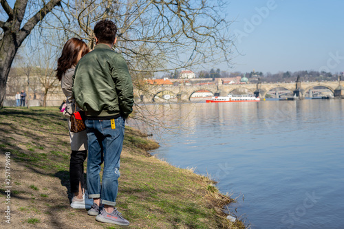 Prague, Czech Republic March 16, 2019: Strelecky Island park in Moldava river  photo