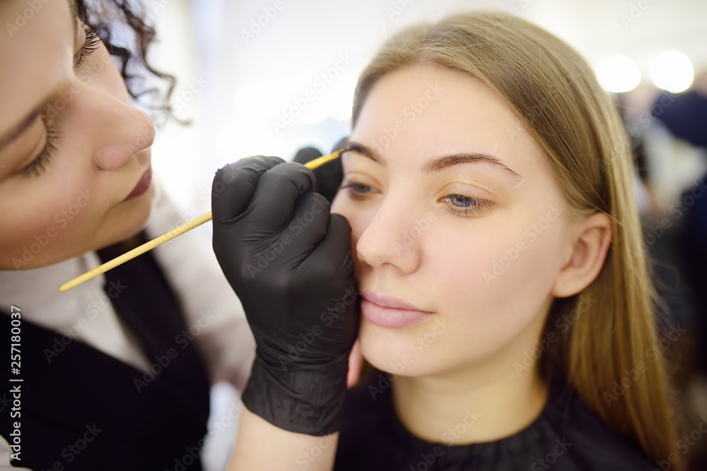 Cosmetologist painting eyebrows by brush. Attractive woman getting facial care and makeup at beauty salon. Architecture eyebrows. Cosmetologist painting eyebrows by brush. Attractive woman getting facial care and makeup at beauty salon. Architecture eyebrows.
