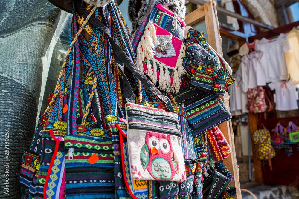 Handmade traditional , colorful bags on the gift shop.