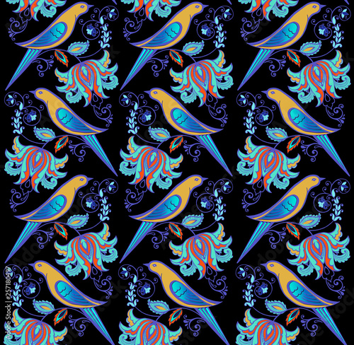 Dark Enchanted Vintage Flowers and Birds seamless pattern vector.
