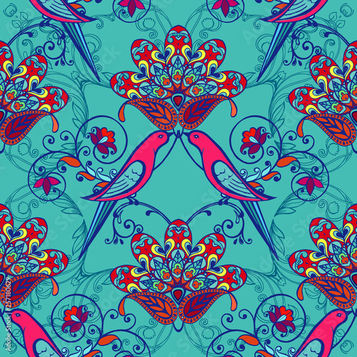 fantastic flowers  with birds seamless pattern