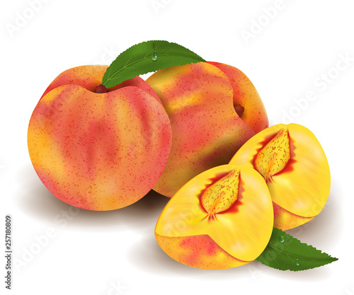 Realistic peaches whole and slices, green leaves with drops. Ripe juicy fruit 3d illustration high detail isolated on white background. Vector