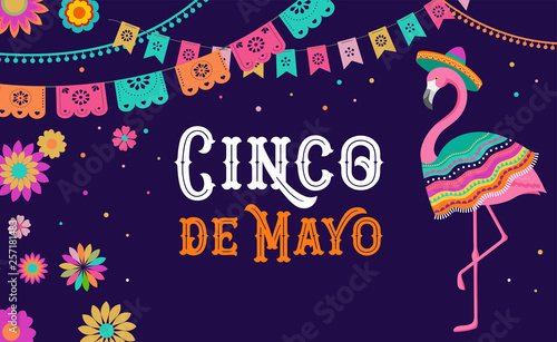 Cinco de mayo, Mexican Fiesta banner and poster design with flamingo, flowers, decorations
