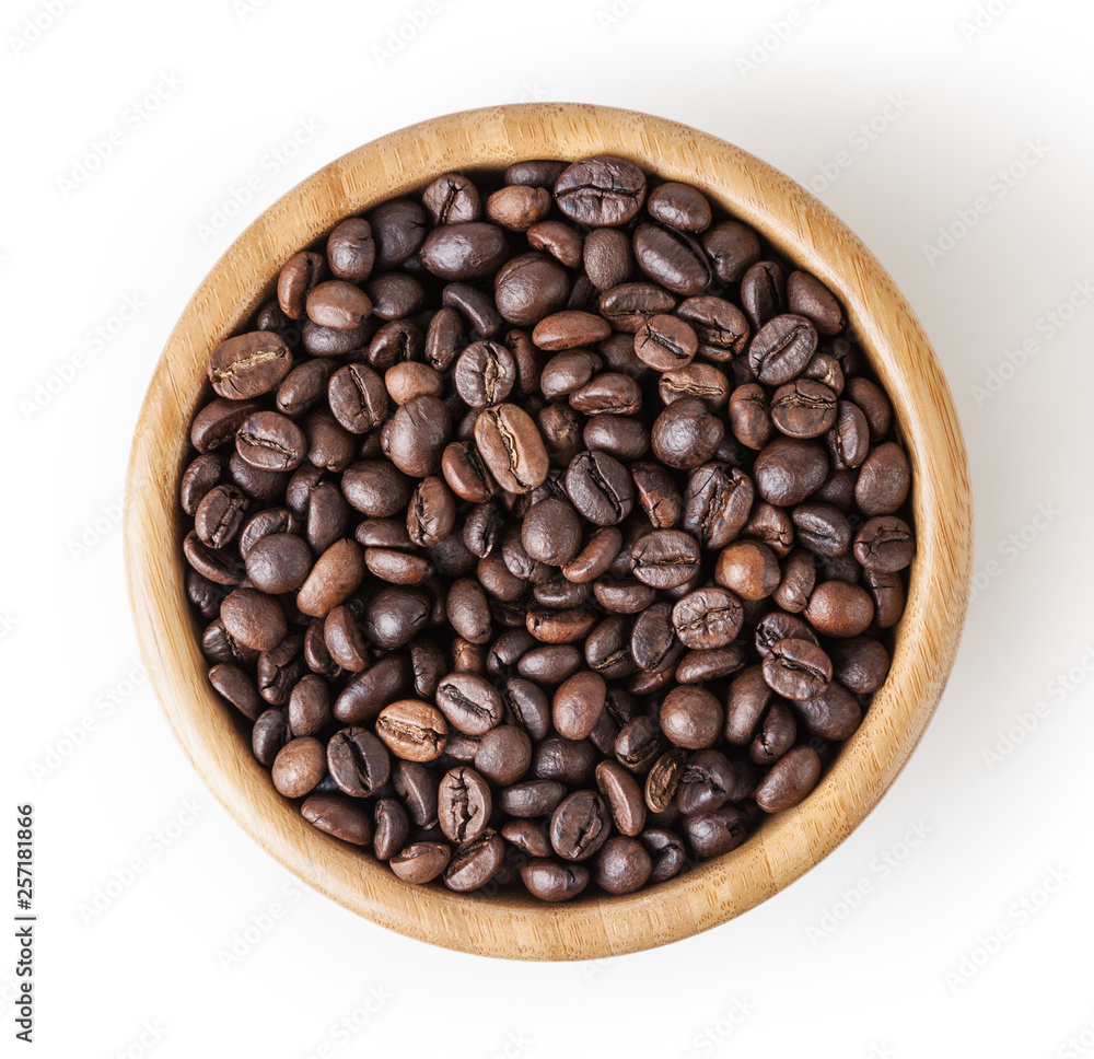 Roasted coffee beans in wooden bowl isolated on white background with clipping path Roasted coffee beans in wooden bowl isolated on white background with clipping path