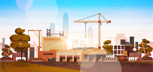 modern city construction site tower cranes building residential buildings cityscape sunset skyline background flat horizontal banner