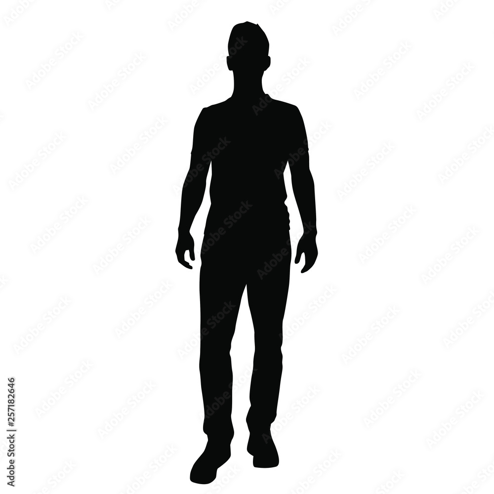 Vector silhouette of one man standing, black color isolated on white background