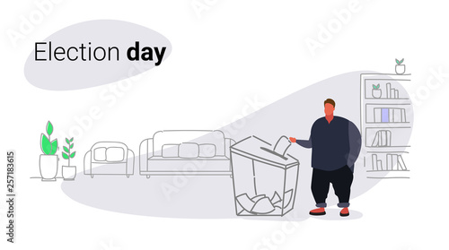 election day concept fat obese man voter putting paper ballot list in box during voting fatty male character full length sketch doodle horizontal