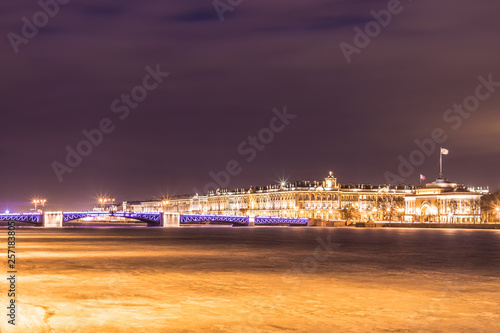 Beautiful Palace Bridge on Neva River in Saint Petersburg in Russia between Palace Square and Vasilievsky Island in winter time. View on the Winter Palace