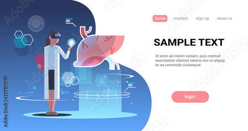 female doctor wearing digital glasses touching virtual reality liver human organ anatomy medical vr headset vision concept full length horizontal copy space