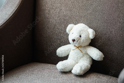 white teddy bear doll toy sit on a sofa couch