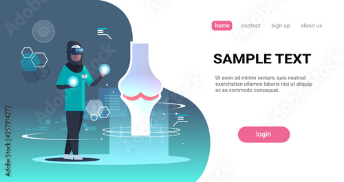arab doctor nurse wearing digital glasses looking virtual reality knee-joint human organ anatomy healthcare medical vr headset vision concept full length horizontal copy space