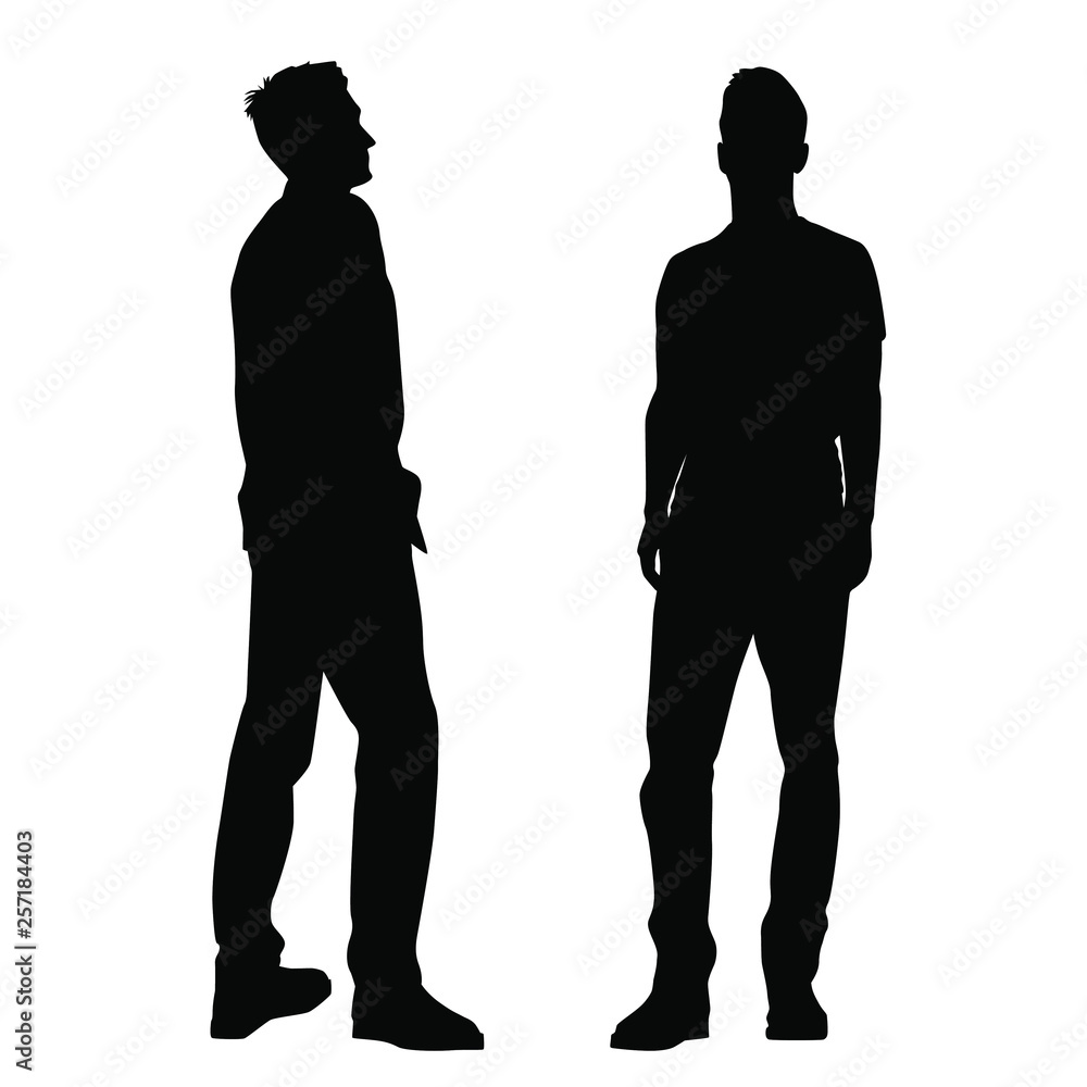 Vector silhouettes of two men standing, business people, black color isolated on white background