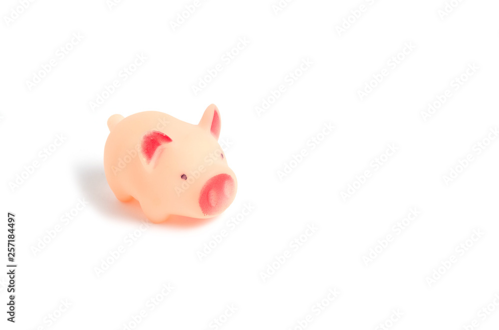 Little rubber, pink pig, toy on white background.