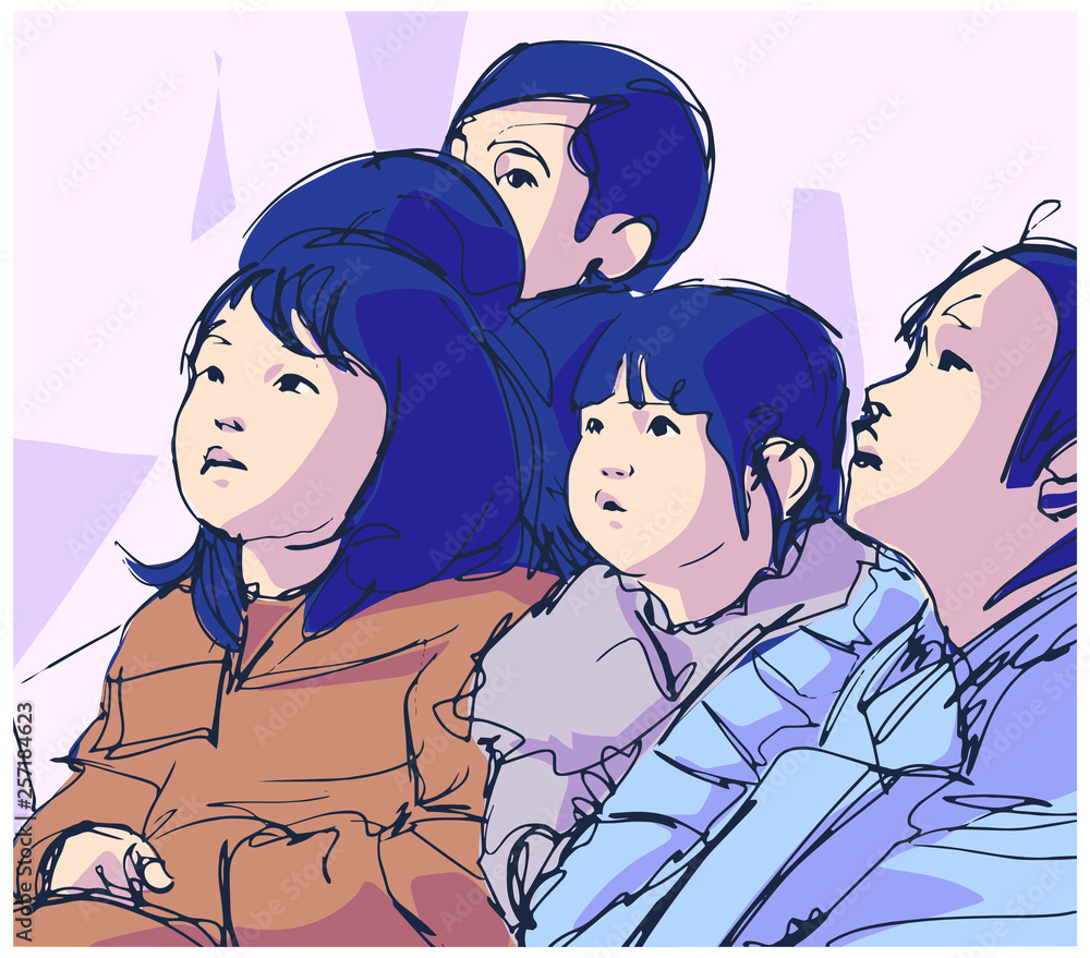 Illustration of group Japanese children sitting and watching looking upwards Illustration of group Japanese children sitting and watching looking upwards