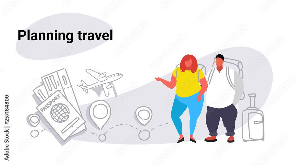 fat obese man woman travelers standing together overweight couple planning travel concept people with baggage choosing hotel and tickets booking sketch doodle horizontal