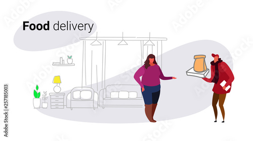 courier man giving paper bag to overweight woman customer fast food delivery service concept unhealthy lifestyle modern living room interior full length sketch doodle horizontal