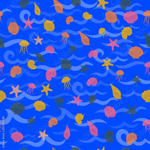 Seamless sea pattern in nautical-inspired design. Sea background with seashells, starfishes and jellyfishes. Blue ocean water wave. Vector seamless pattern with marine life.
