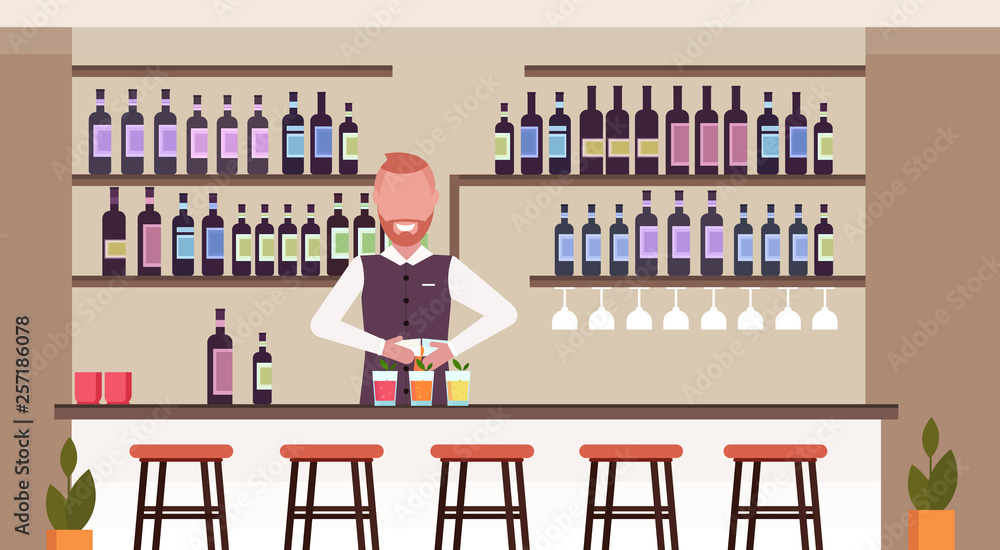 bartender using shaker making cocktails barman in uniform mixing beverage pouring drink in glasses modern restaurant interior flat horizontal bartender using shaker making cocktails barman in uniform mixing beverage pouring drink in glasses modern restaurant interior flat horizontal