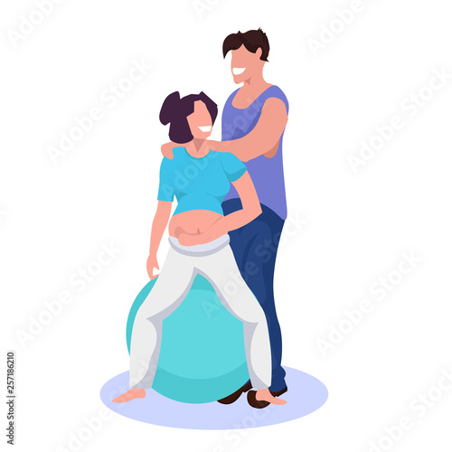 young pregnant woman exercises fitball working out with male personal trainer fitness pregnancy healthy lifestyle concept cartoon characters white background