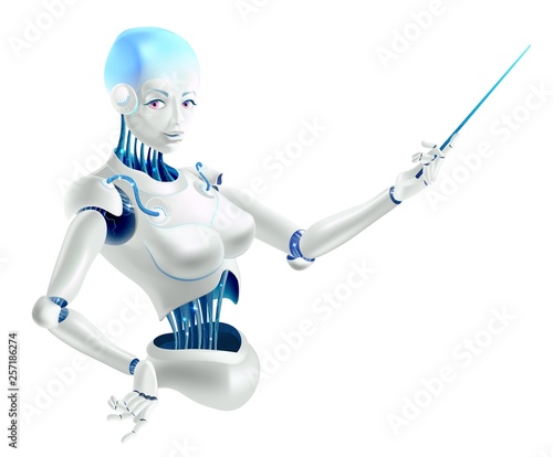 Illustration of a robot lecturer or cyborg teacher with a pointer.