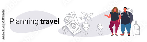 fat obese man woman travelers standing together overweight couple planning travel concept people with baggage choosing hotel and tickets booking sketch doodle horizontal banner