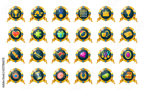 Set of awards, badges, medals of achievements for games.