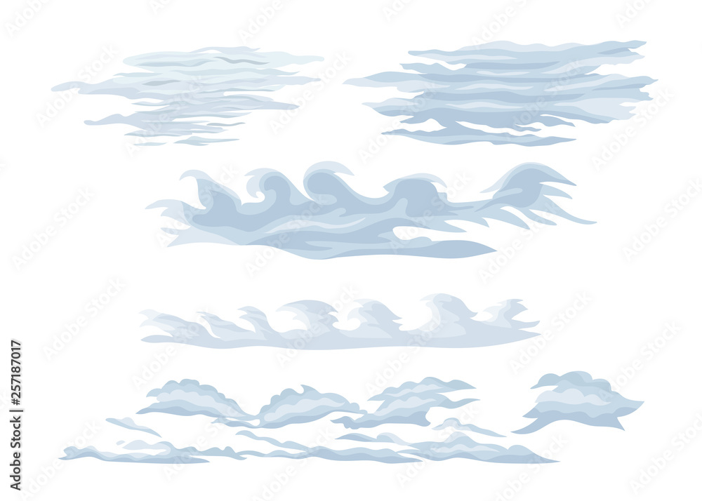 Set of feather steam clouds. Wavy, sparse cirrus clouds.